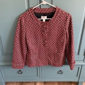 Ann Taylor LOFT Size 10 Patterned Red Black Suit Jacket Fully Lined 3/4 Sleeve